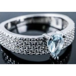 925 Sterling Silver Ring Micro Pave Set Band with Aqua Swarovski Element Size6.5